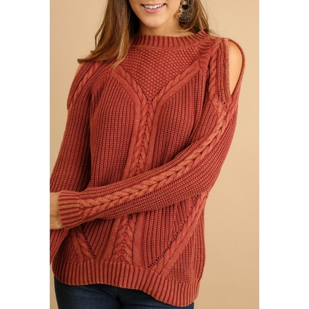 Umgee rustic orange cold shoulder knit sweater